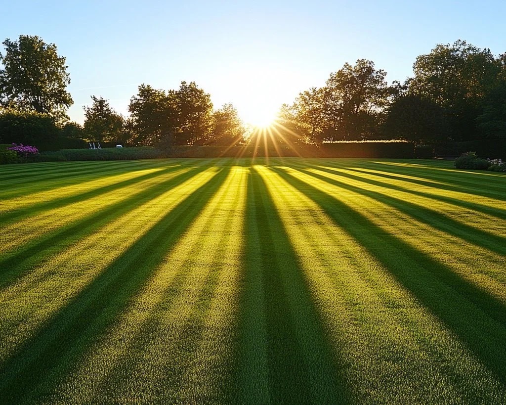 A beautifully mowed lawn at sunrise