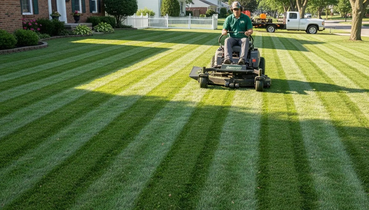 A YardReady pro mowing crisp stripes into a suburban lawn, work truck and trailer behind